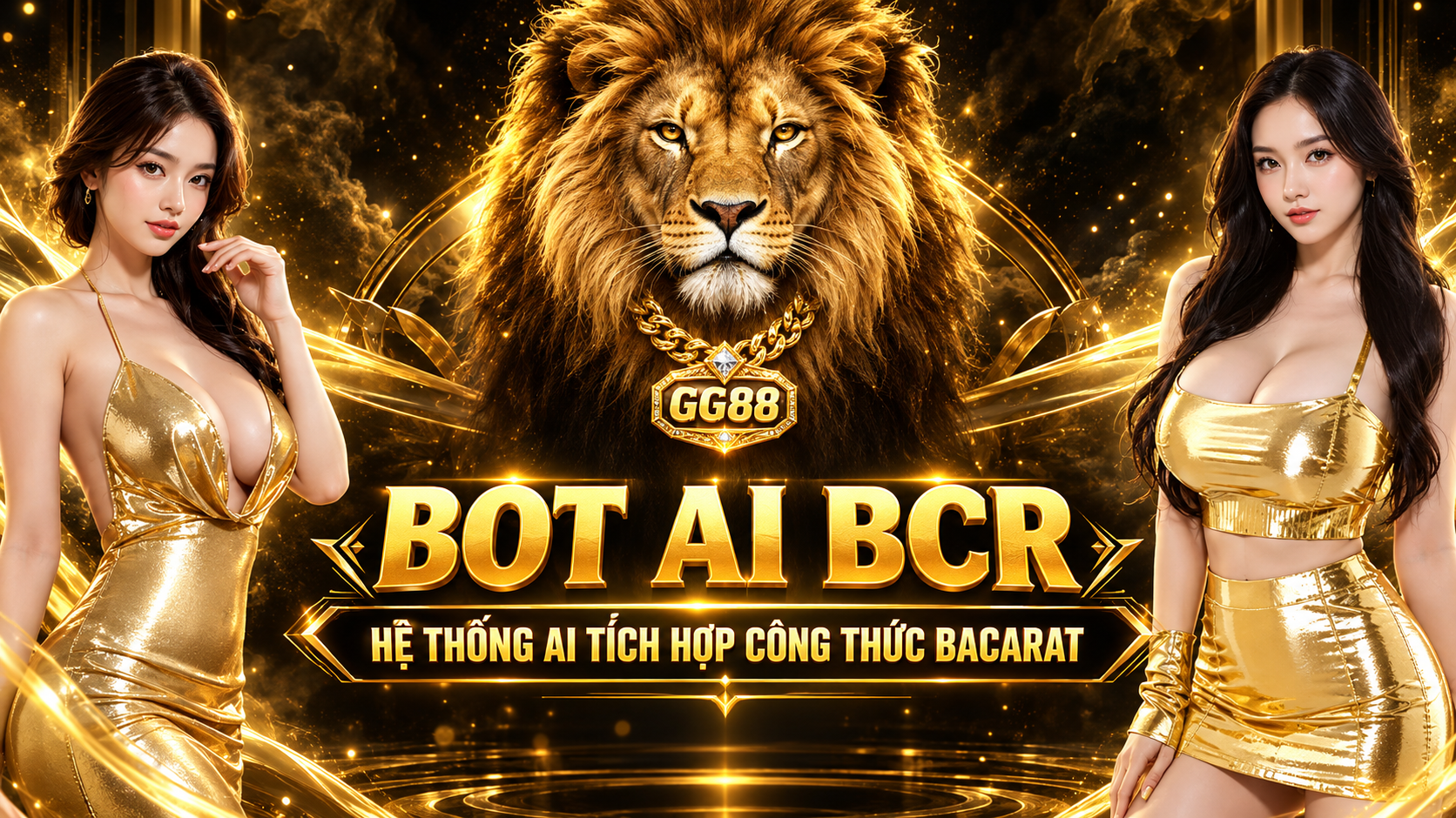 Banner GG88: sư tử vàng đeo dây chuyền, BOT AI BCR và hai người mẫu